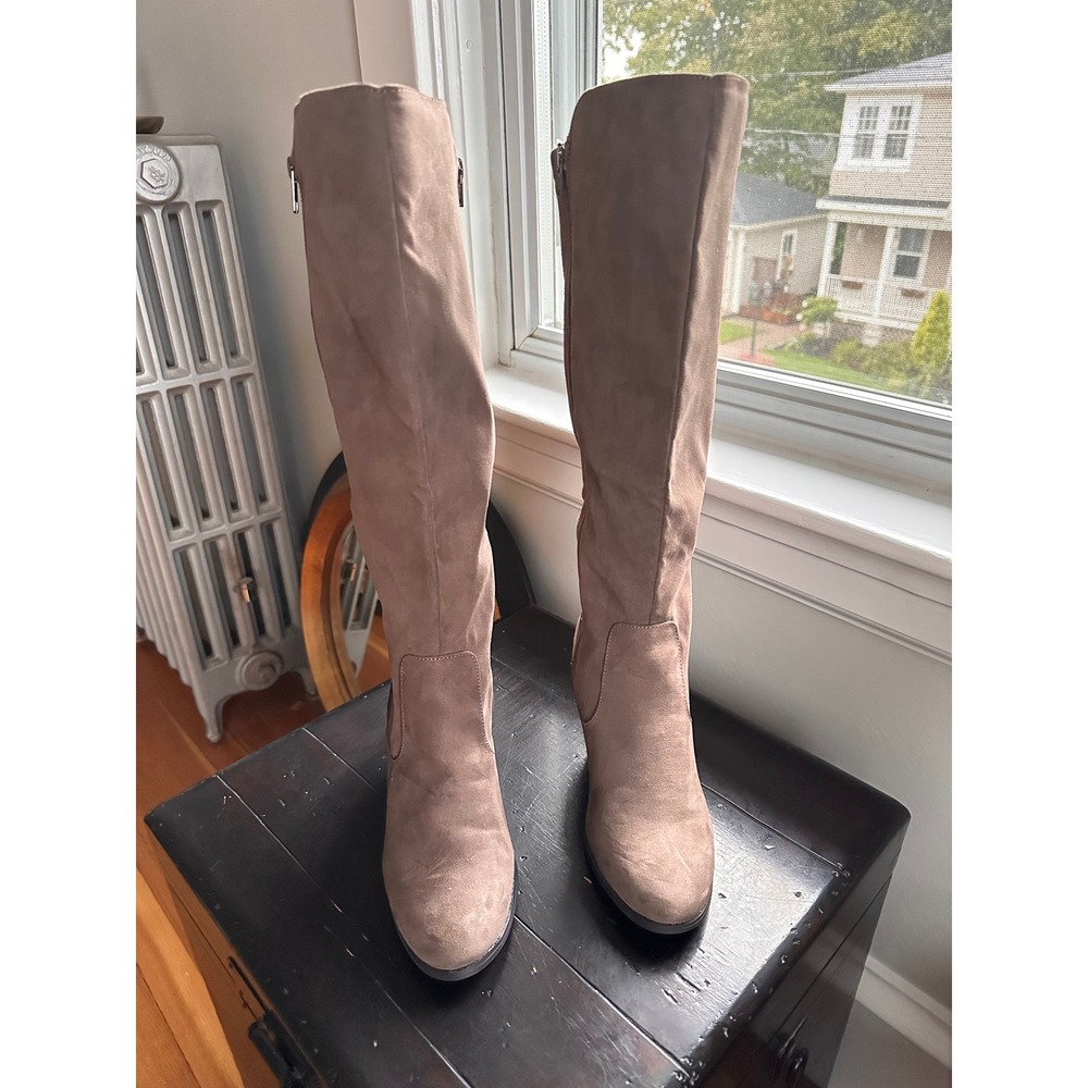 Style & Co Wynterr Taupe Faux Suede Knee High Wedge Boots 8.5M